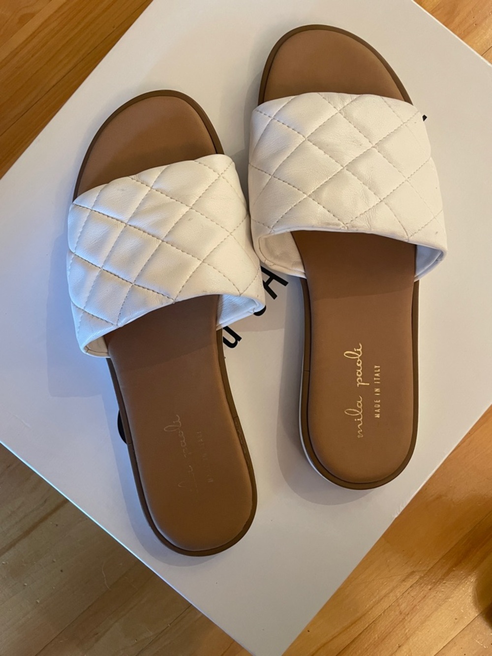 Mila Paoli White Quilted Slide Sandals